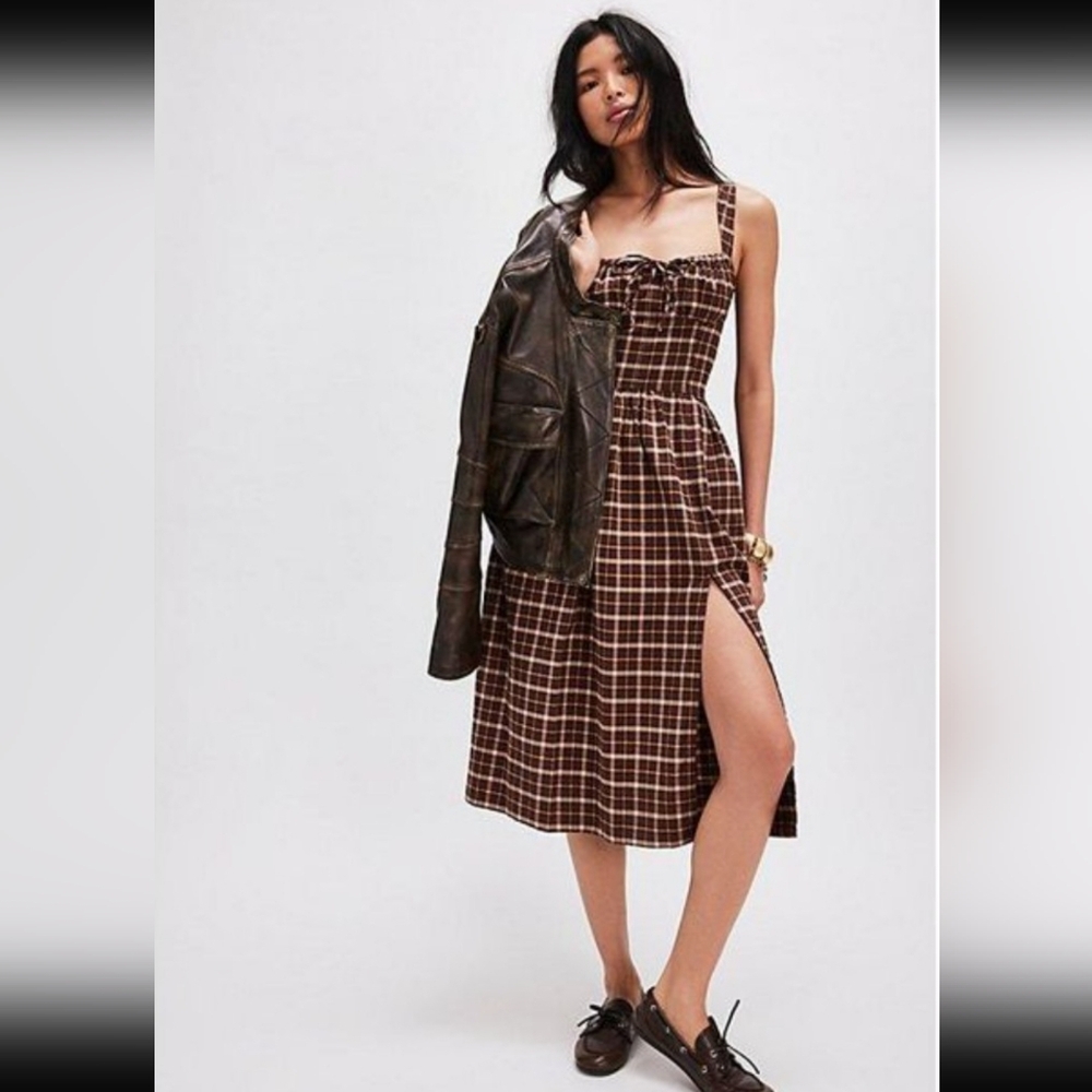 Free People Brown Plaid Midi Dress